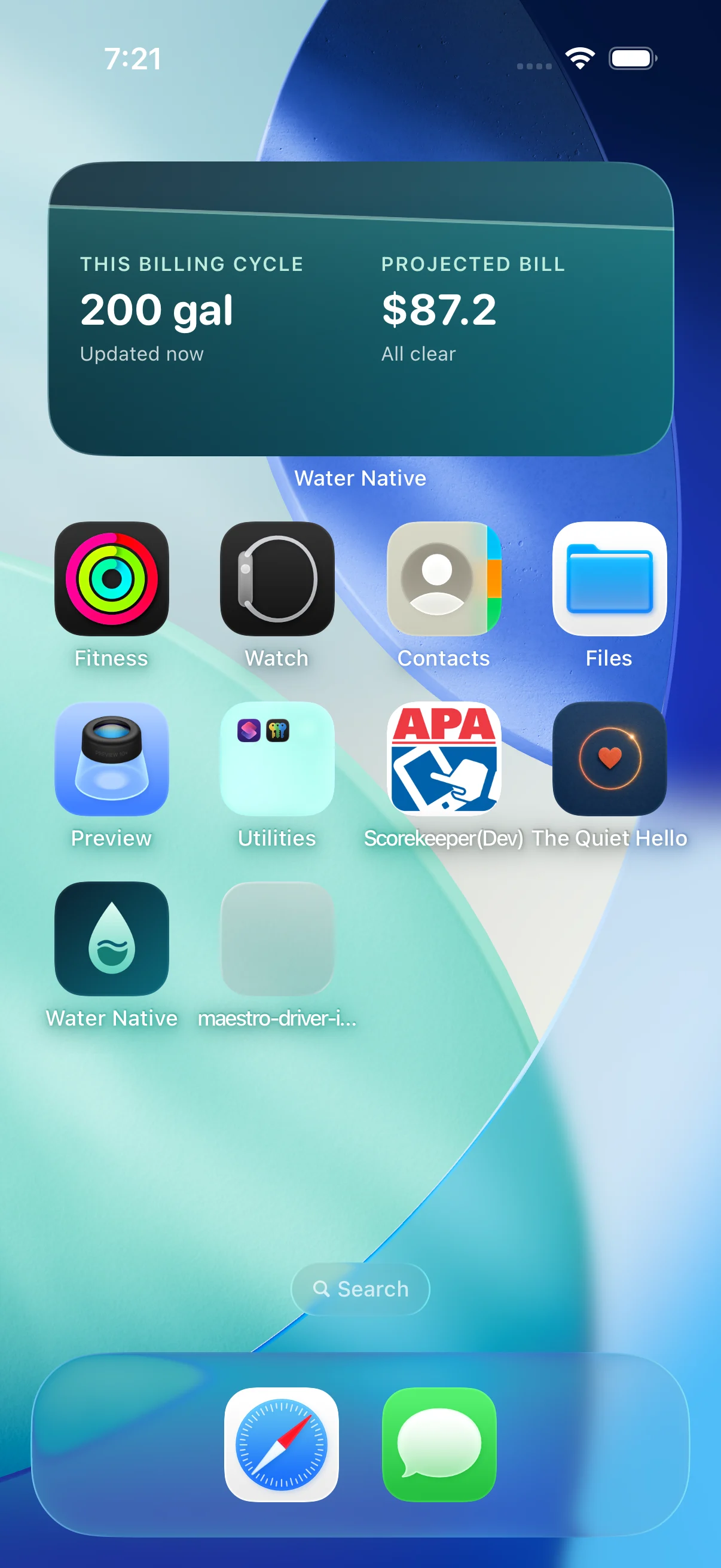 Water Meter medium iPhone Home Screen widget showing 200 gallons and an $87.20 projected bill